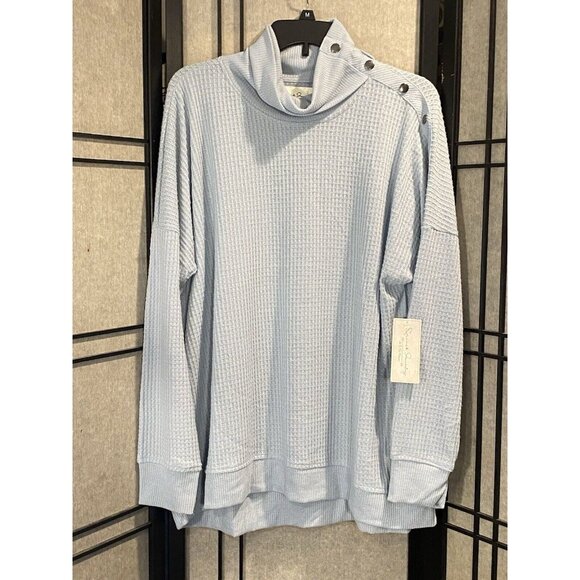 French Laundry Tops - French Laundry Womens Sz 2X Baby Blue Waffle Knit Turtle Neck Snap Details